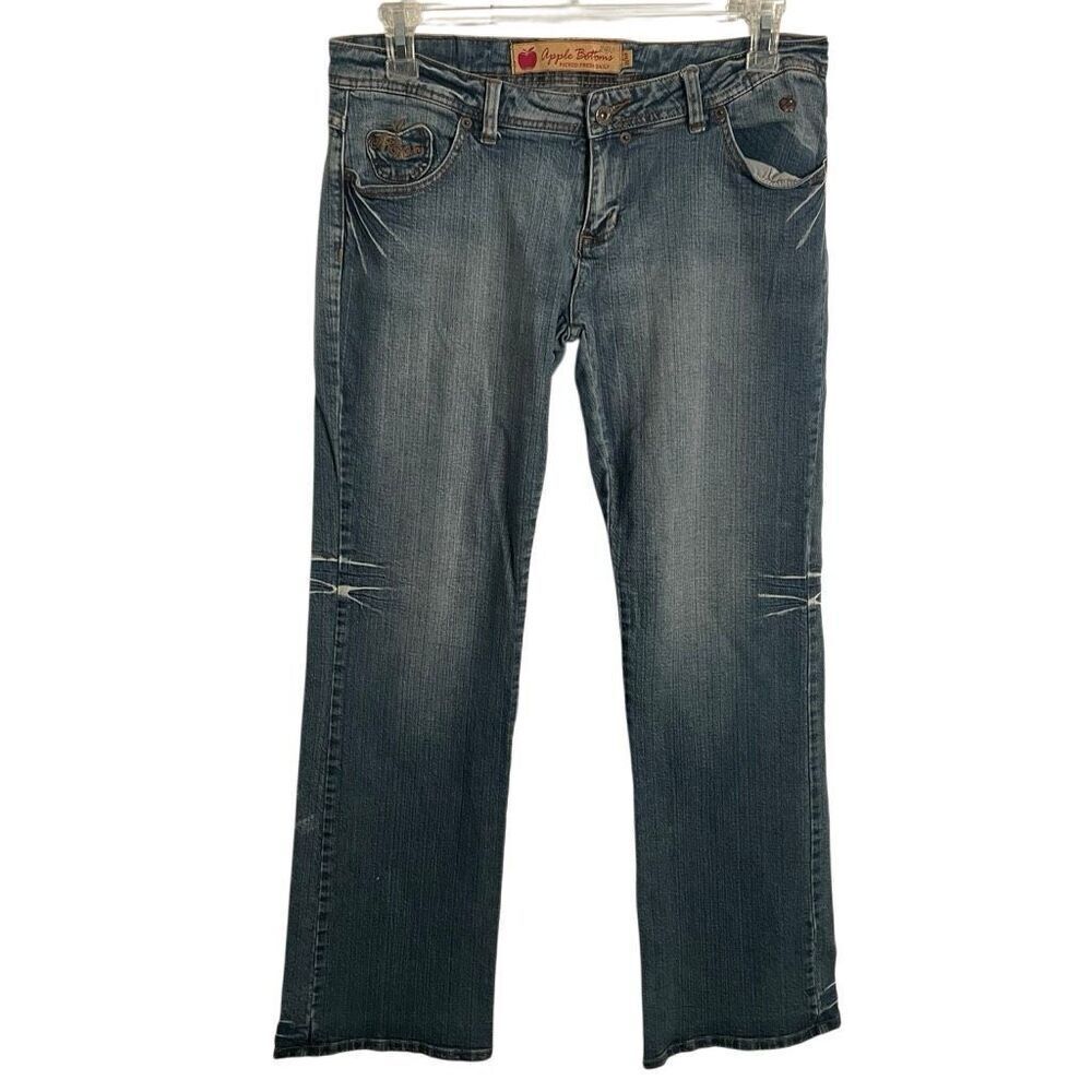 Y2K Apple Bottoms Juniors Jeans 9/10 Flared Leg Thick Stitch Embroidered Pockets